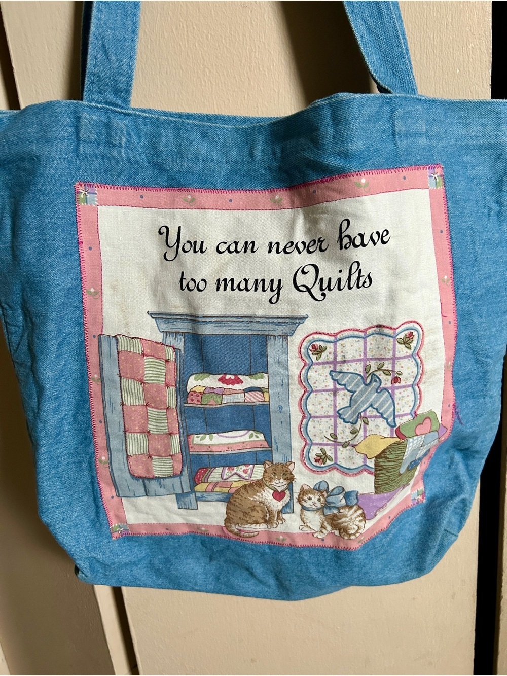 Handmade Denim Canvas Tote Bag With Cottage Core Grandma Core Cat Quilt Print - Picture 2 of 4